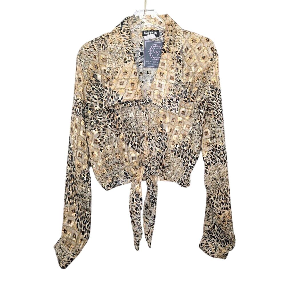 Vintage 90's Animal Print Long Sleeve Tie Front Shirt Collared Leopard Metallic